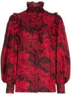Gucci Silk Tiger Print Tie Neck Blouse - Red