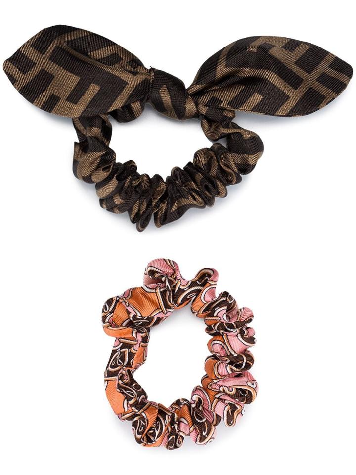 Fendi Printed Silk Scrunchies Set - Black