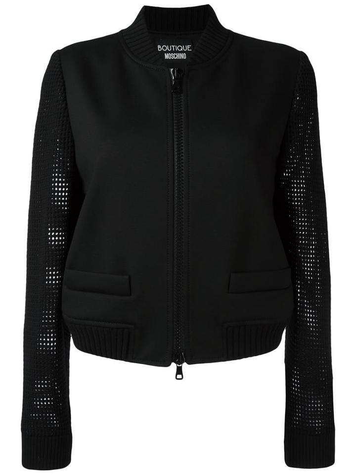 Boutique Moschino Perforated Sleeves Bomber Jacket, Women's, Size: 42, Black, Rayon/spandex/elastane/virgin Wool/polyester