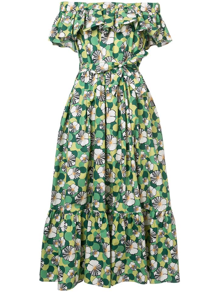 La Doublej Floral Shift Off-shoulder Dress - Green