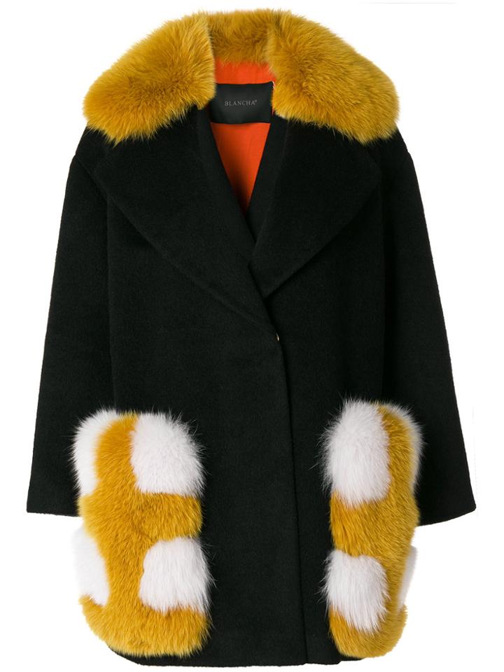 Blancha Fox Fur Trim Coat - Black