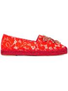 Dolce & Gabbana Embellished Lace Espadrilles, Women's, Size: 37, Red, Viscose/glass/metal Other/leather
