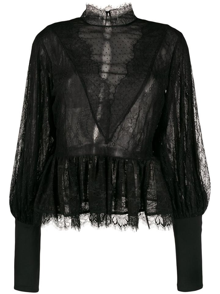 Amen Lace Trim Sheer Blouse - Black