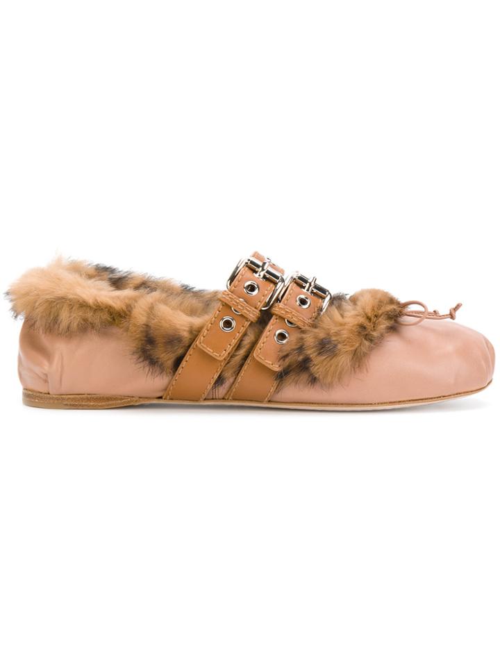 Miu Miu Buckled Furry Ballerinas - Nude & Neutrals