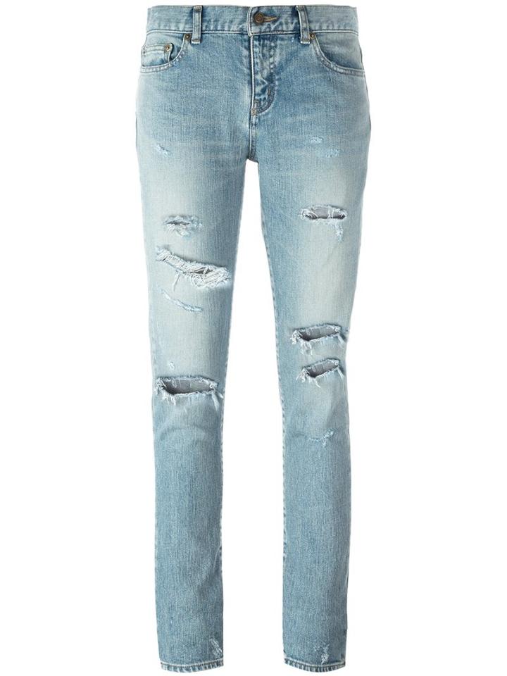 Saint Laurent Skinny Distressed Jeans, Women's, Size: 28, Blue, Cotton/spandex/elastane