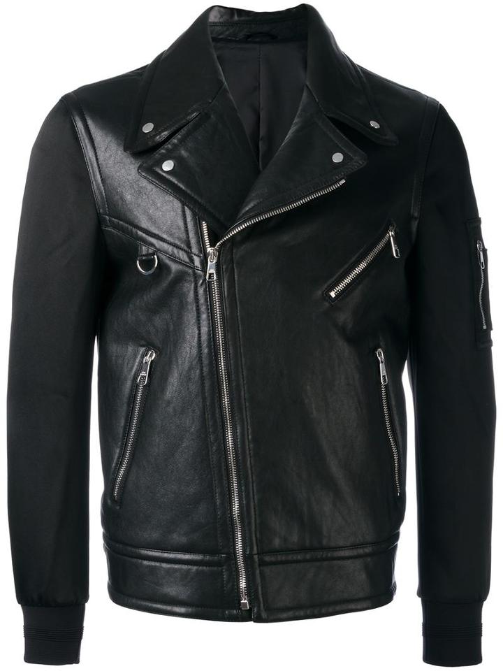 Neil Barrett Bi-material Biker Jacket, Men's, Size: Medium, Black, Lamb Skin/polyimide/acetate/cotton