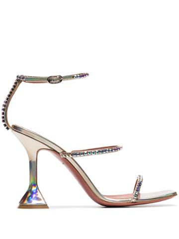 Amina Muaddi Silver Tone Gilda 95 Hologram Leather Sandals - Hologram