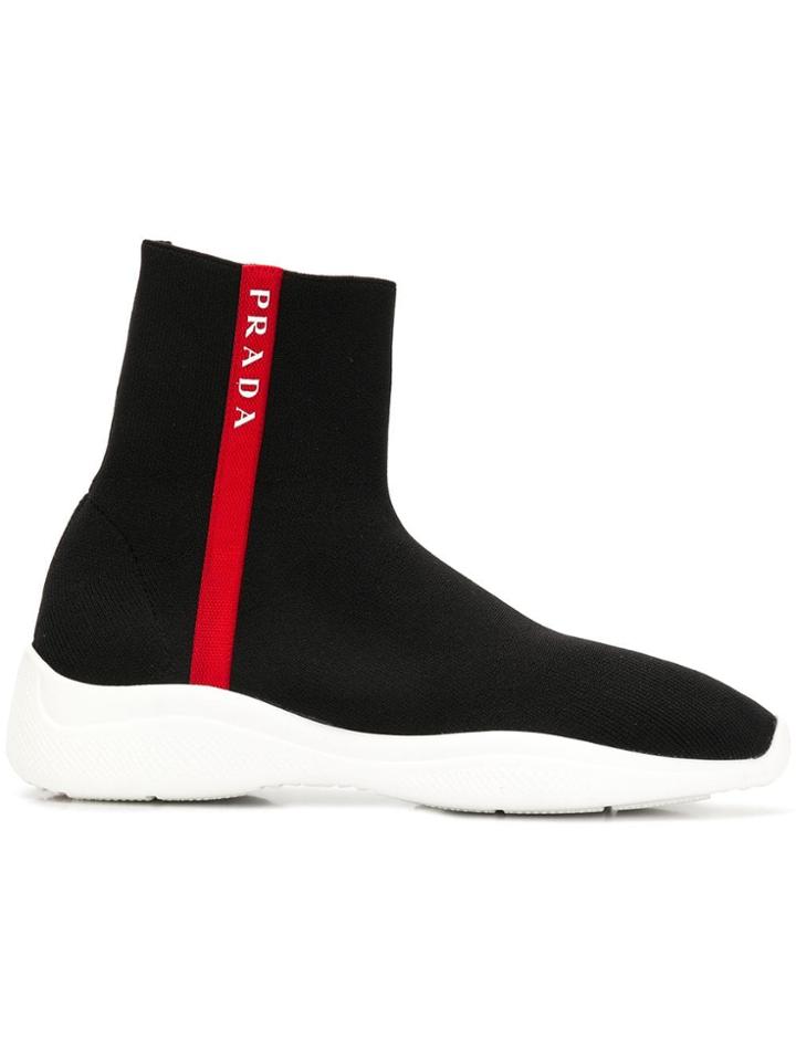 Prada Fabric Side Stripe Sock Sneakers - Black