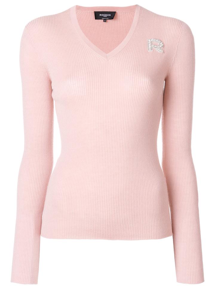 Rochas Ribbed V-neck Pullover - Nude & Neutrals