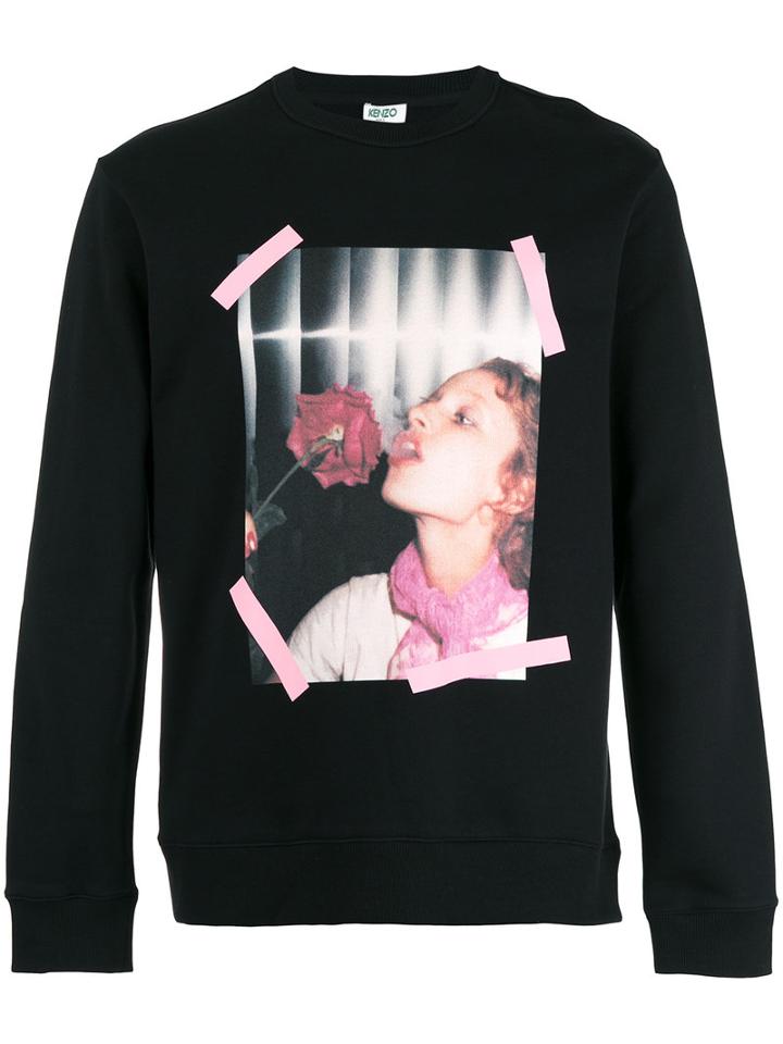 Kenzo Girl With Rose Sweatshirt, Size: Large, Black, Cotton
