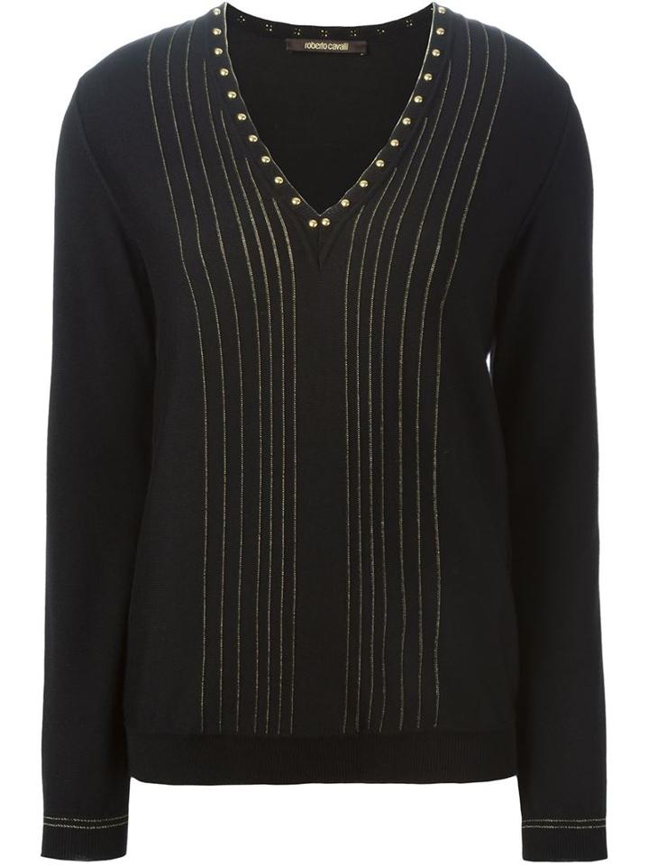 Roberto Cavalli Studded Pinstriped V-neck Sweater, Women's, Size: 44, Black, Viscose/virgin Wool