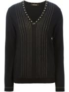 Roberto Cavalli Studded Pinstriped V-neck Sweater, Women's, Size: 44, Black, Viscose/virgin Wool
