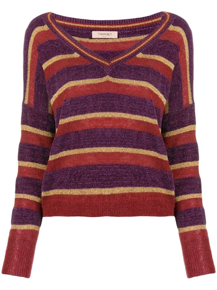 Twin-set Striped V-neck Sweater - Pink