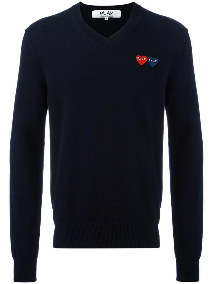 Comme Des Garçons Play Brand Logo V Neck Jumper - Blue