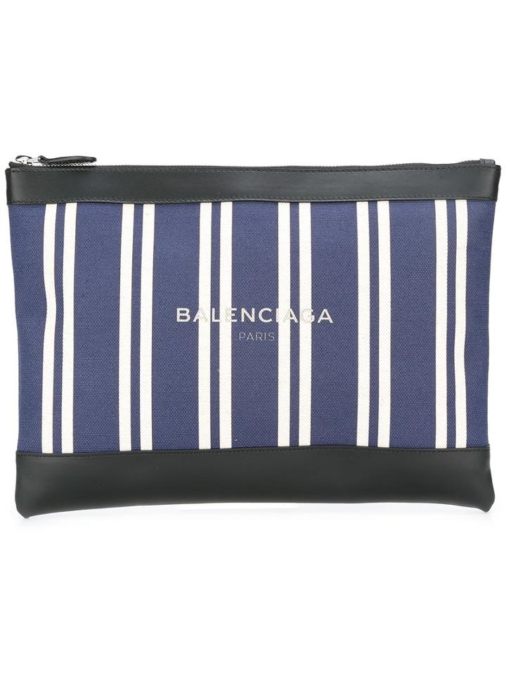 Balenciaga Striped Zipped Clutch, Women's, Blue, Cotton/leather