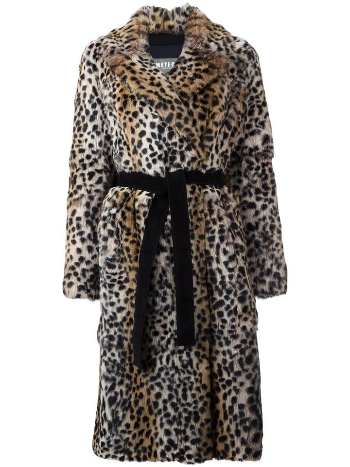 Meteo By Yves Salomon Leopard Print Mid Coat, Women's, Size: 38, Nude/neutrals, Silk/rabbit Fur/polyester