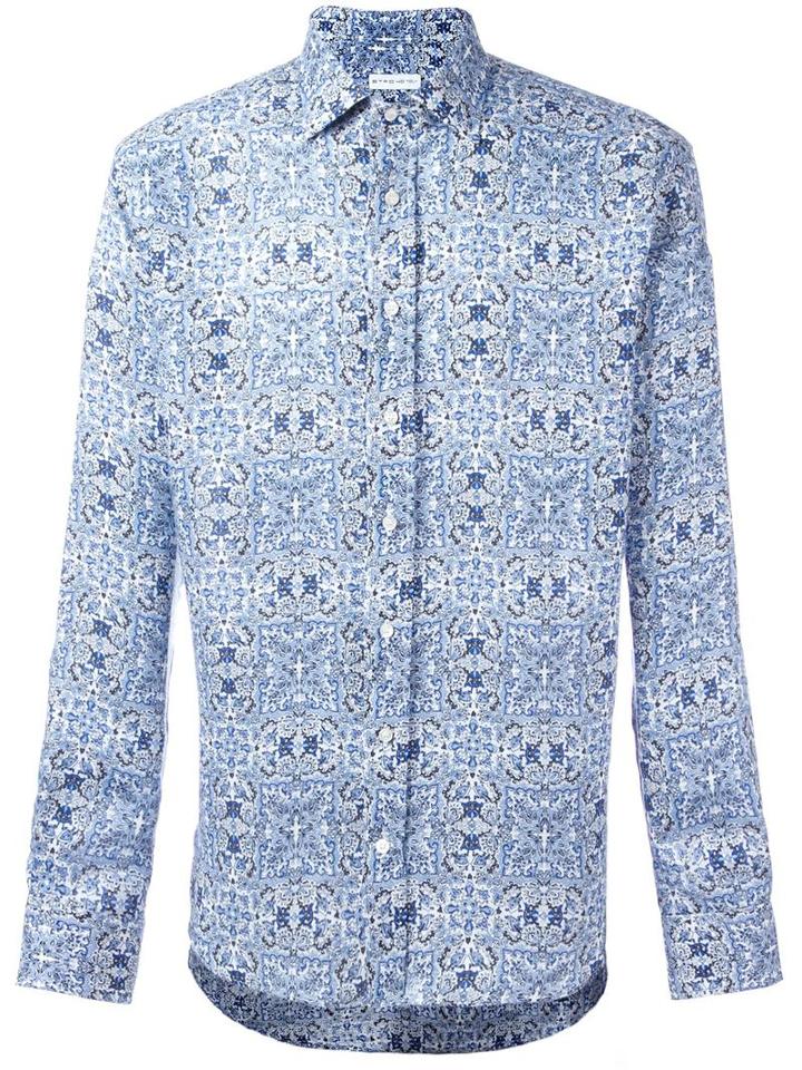 Etro Abstract Print Shirt, Men's, Size: 40, Blue, Linen/flax