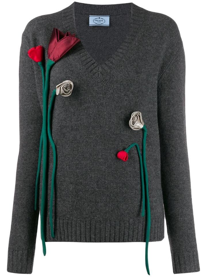 Prada Rose Appliqué Jumper - Grey