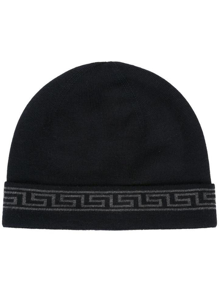 Versace Greek Key Detail Beanie, Men's, Blue, Wool/silk