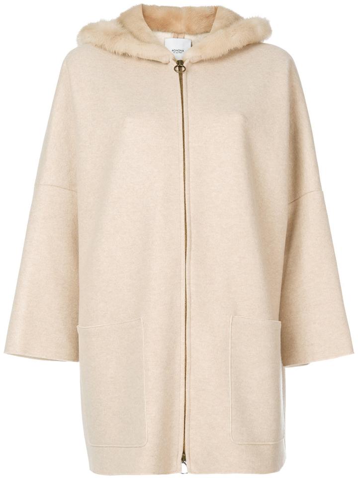Agnona - Fur Trim Ring Pull Coat - Women - Mink Fur/cashmere - L, Nude/neutrals, Mink Fur/cashmere