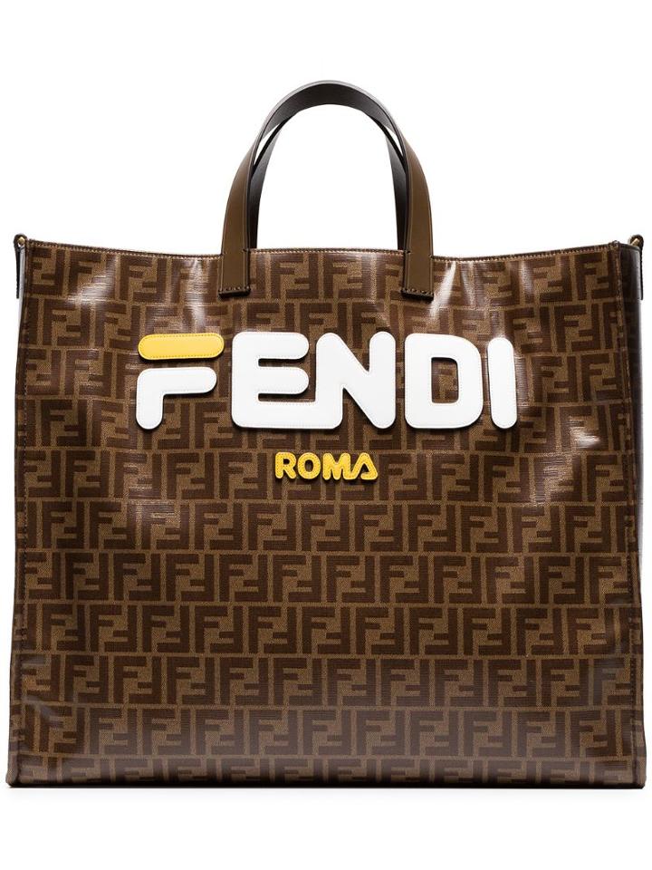 Fendi Fendi Mania Brown And White Large Logo Print Tote Bag