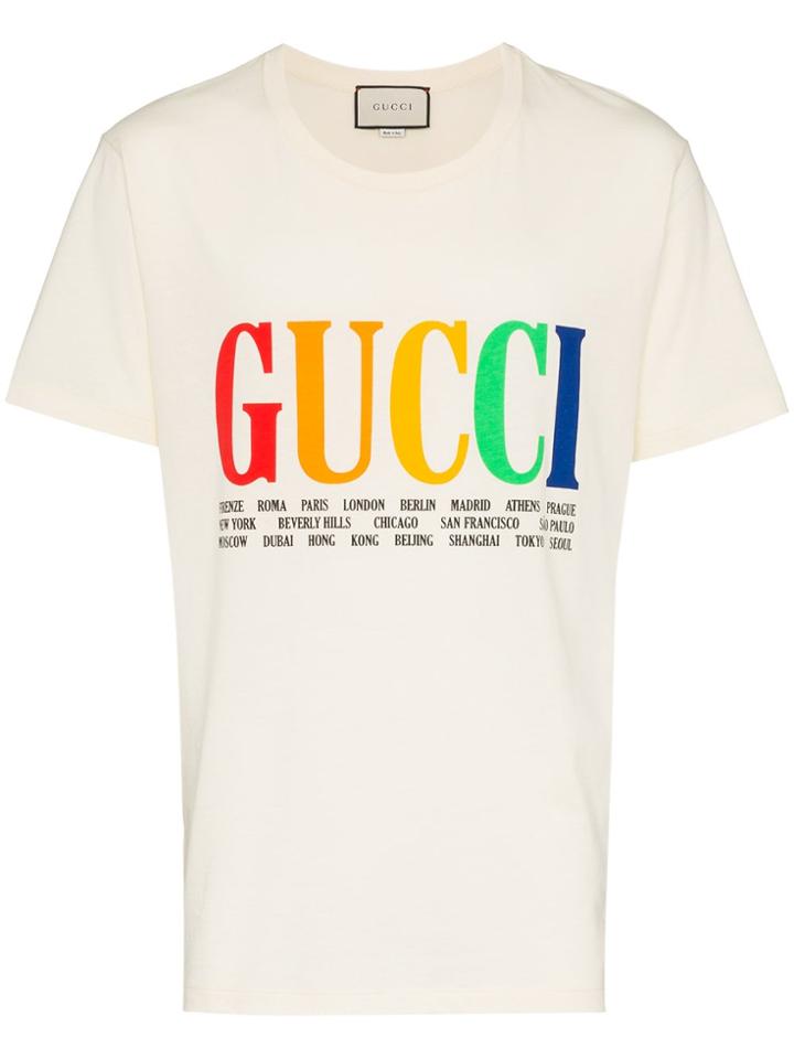 Gucci Rainbow Cities Print Cotton T Shirt - White