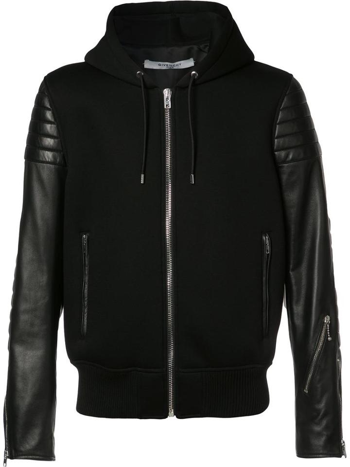 Givenchy Leather Sleeve Hooded Jacket, Men's, Size: 56, Black, Lamb Skin