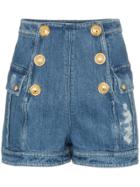 Balmain High Waisted Button-down Denim Shorts - Blue