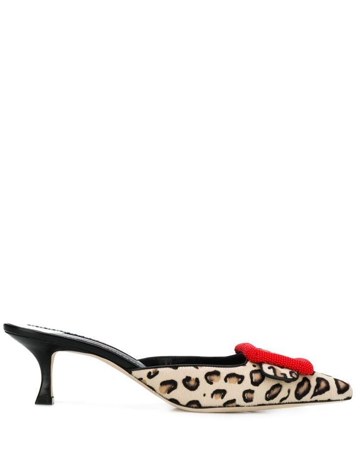 Manolo Blahnik Leopard Print Mules - White