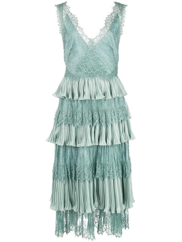 Marchesa Notte Lace Tiered Midi Dress - Green