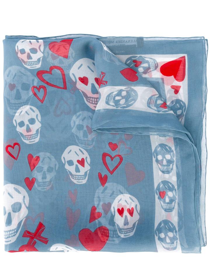 Heart And Skull Print Scarf - Women - Silk - One Size, Blue, Silk, Alexander Mcqueen