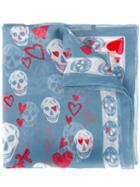 Heart And Skull Print Scarf - Women - Silk - One Size, Blue, Silk, Alexander Mcqueen