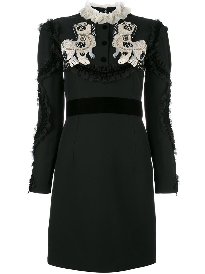 Gucci King Spaniel Appliqué Dress, Women's, Size: 40, Black, Wool/silk/acetate/polyester