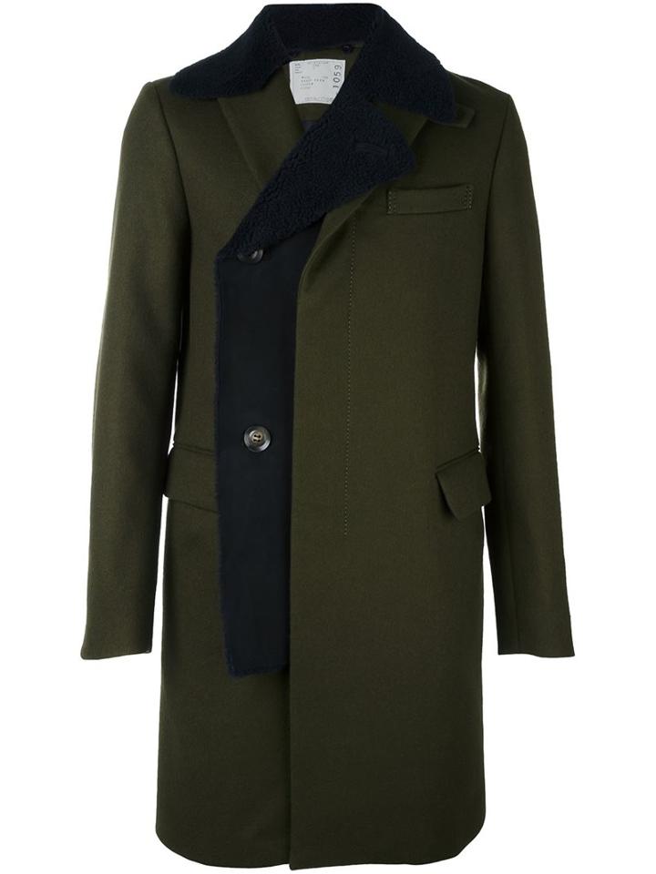 Sacai Shearling Layer Coat, Men's, Size: 3, Green, Cotton/sheep Skin/shearling/wool