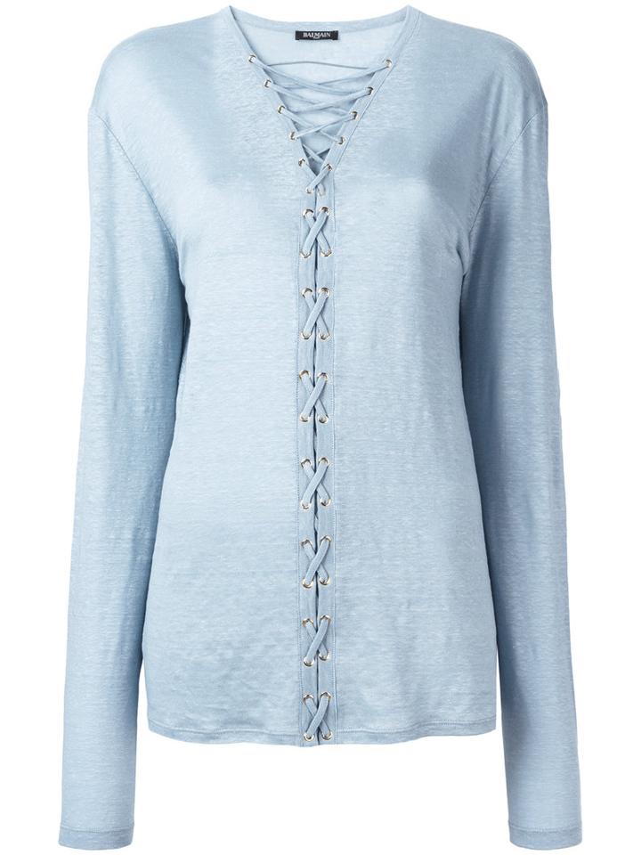 Balmain Crossed Lace Top, Women's, Size: 36, Blue, Linen/flax