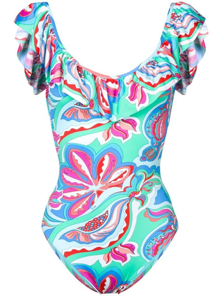 Emilio Pucci Badea Print Ruffled Swimsuit - Blue