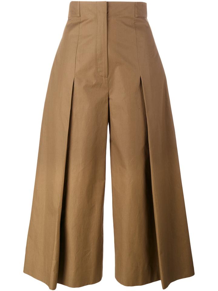Fendi Pleated Wide-leg Trousers, Women's, Size: 42, Green, Cotton