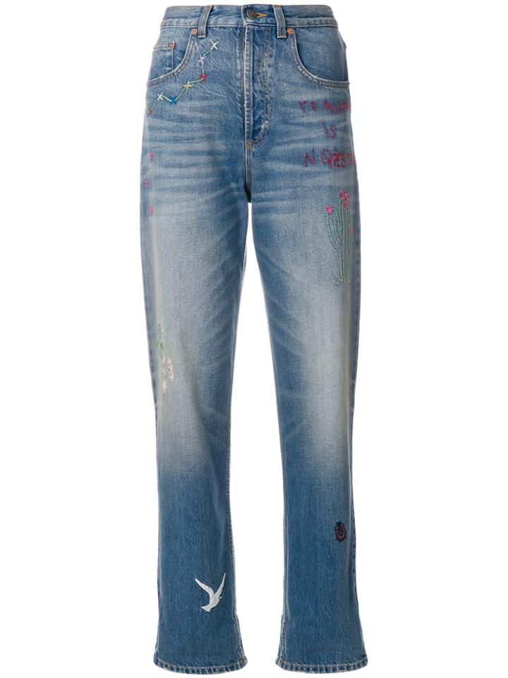 Gucci Cropped Embroidered Jeans - Blue