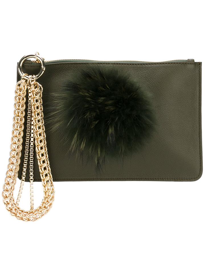 Mr & Mrs Italy - Embellished Clutch - Women - Cotton/calf Leather/racoon Fur - One Size, Green, Cotton/calf Leather/racoon Fur