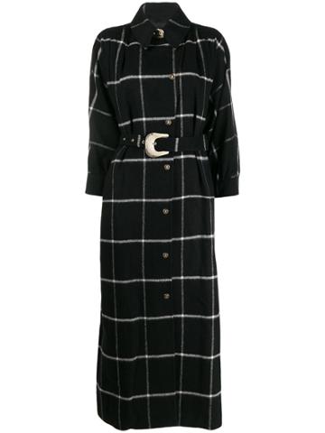 Just Cavalli Belted Long Check Print Coat - Black