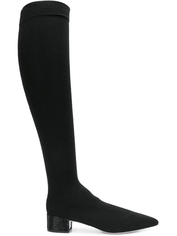 René Caovilla Embellished Heel Knee High Boots - Black
