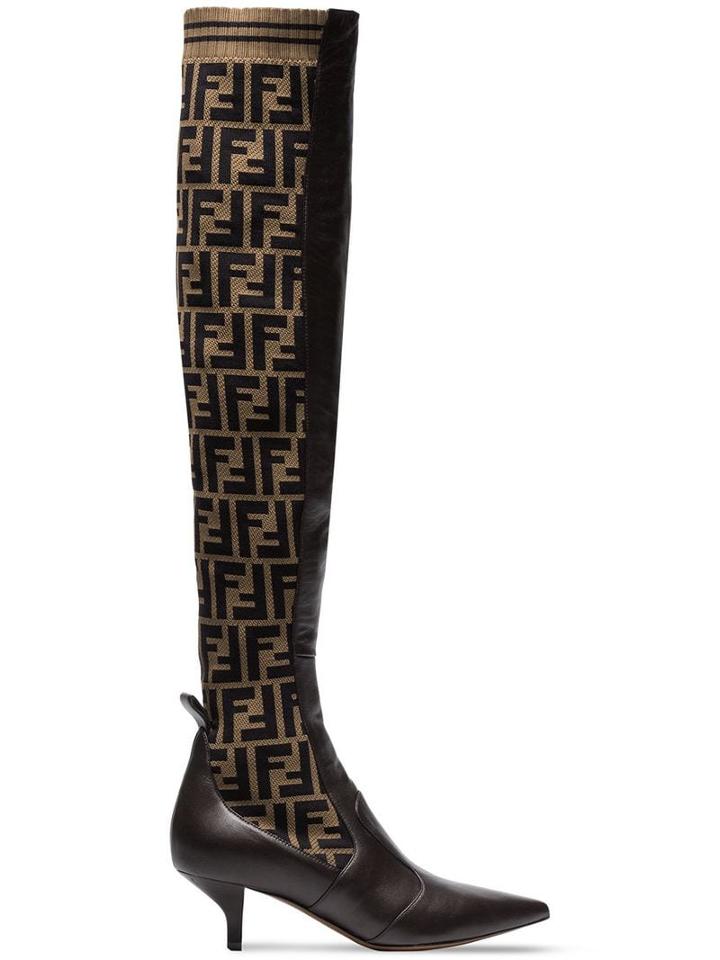 Fendi Brown 45 Logo Stretch Knee High Boots