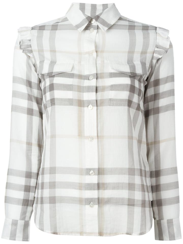 Burberry Ruffle Detail Checked Shirt, Women's, Size: 6, White, Cotton