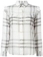 Burberry Ruffle Detail Checked Shirt, Women's, Size: 6, White, Cotton