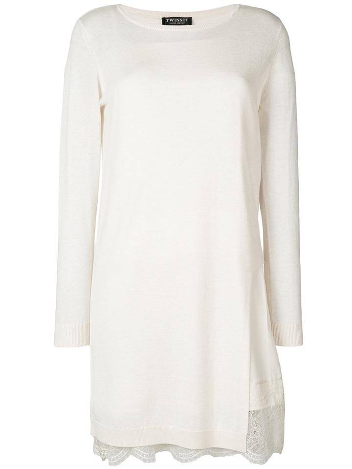 Twin-set - Lace Hem Dress - Women - Polyamide/polyester/viscose/wool - M, White, Polyamide/polyester/viscose/wool