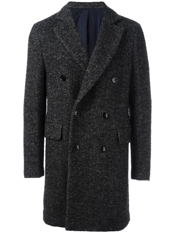 Mp Massimo Piombo Herringbone Double Breasted Coat, Men's, Size: 48, Grey, Wool/mohair/alpaca/cupro