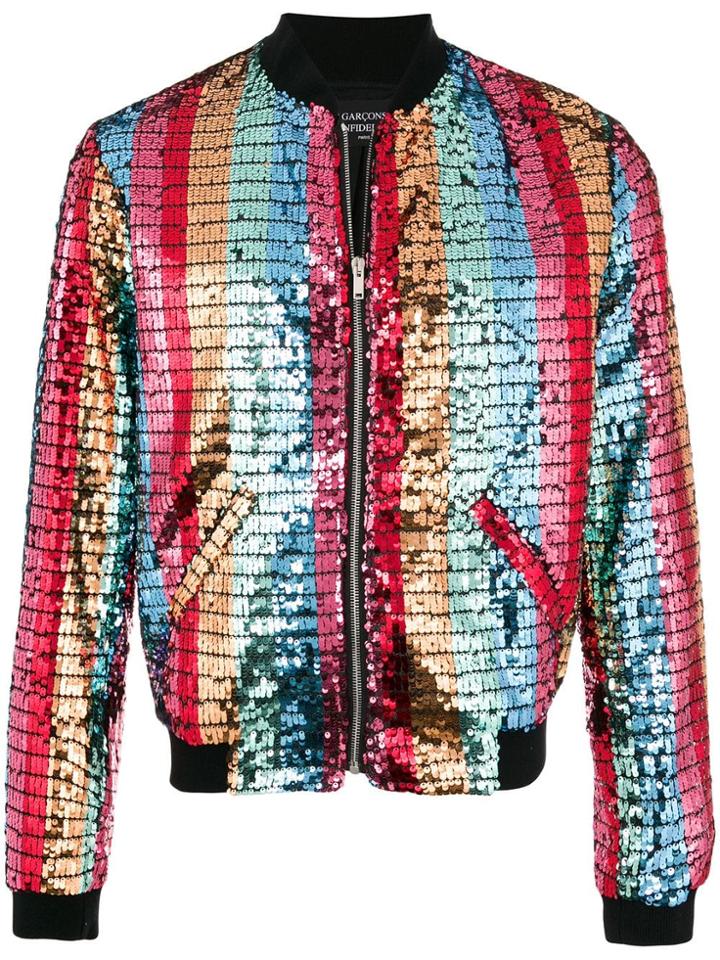 Garcons Infideles Striped Sequin Bomber Jacket - Pink & Purple