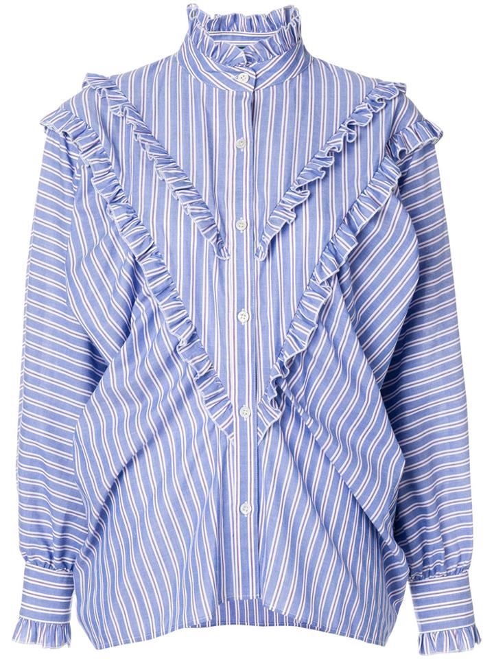Alexa Chung Striped Batwing Ruffle Blouse - Blue