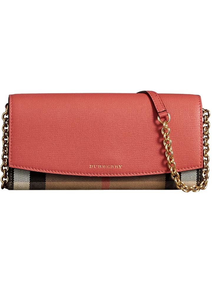 Burberry House Check And Leather Wallet With Chain - Red