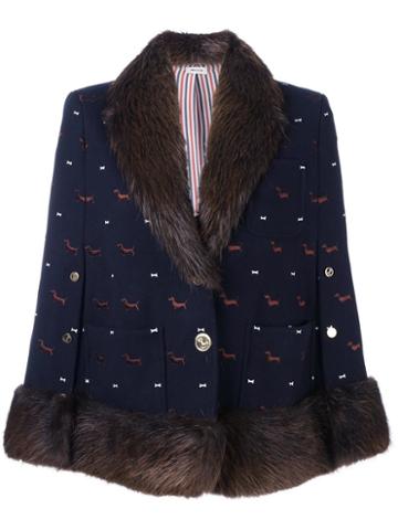Thom Browne 'dog' Pattern V-neck Coat, Women's, Size: 40, Blue, Silk/wool/beaver Fur